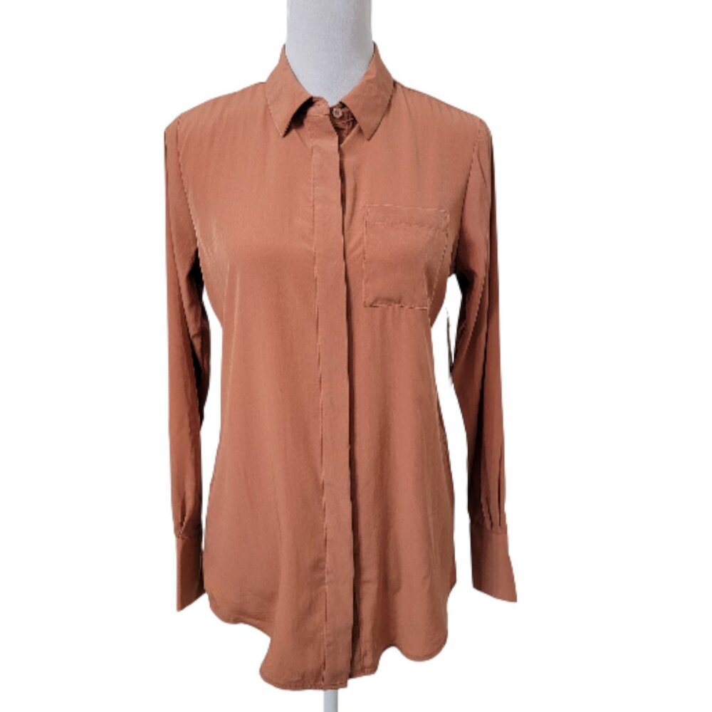 Nine West Size XS Terra Cotta Brown Long Sleeve Button Down Shirt NEW with Tag